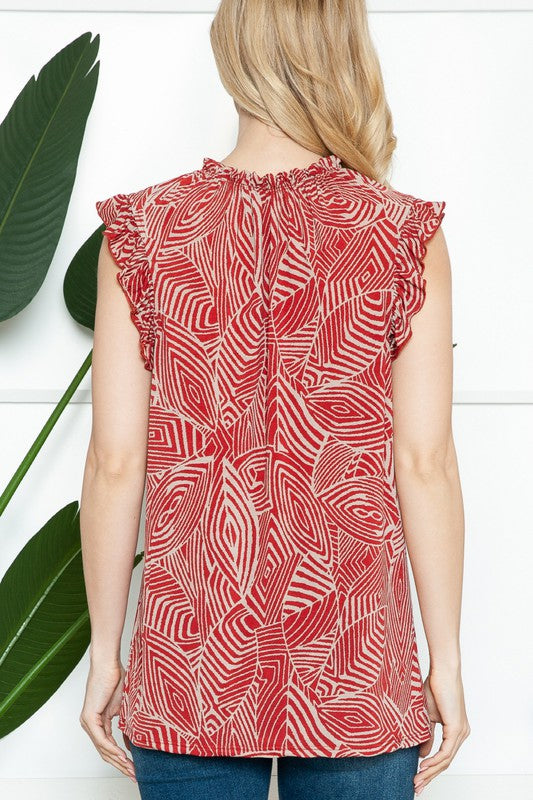 Plus Geometric Sleeveless Ruffle Pleated Top