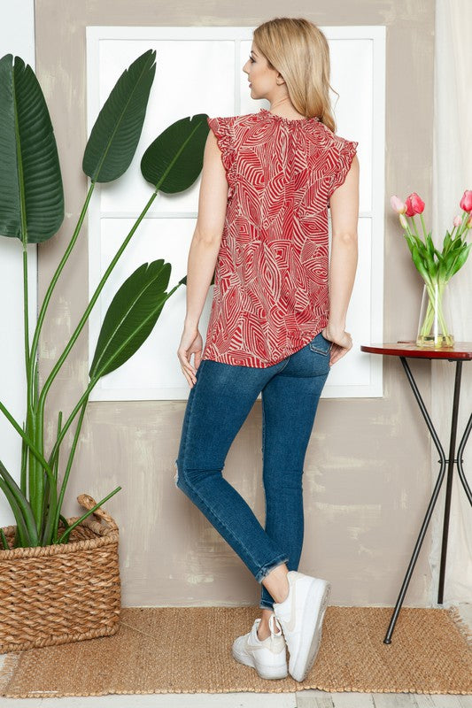 Geometric Sleeveless Ruffle Pleated Top