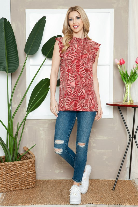 Geometric Sleeveless Ruffle Pleated Top