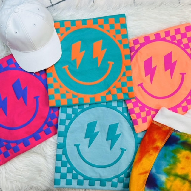Checkered Bolt Happy Face Puff Tee