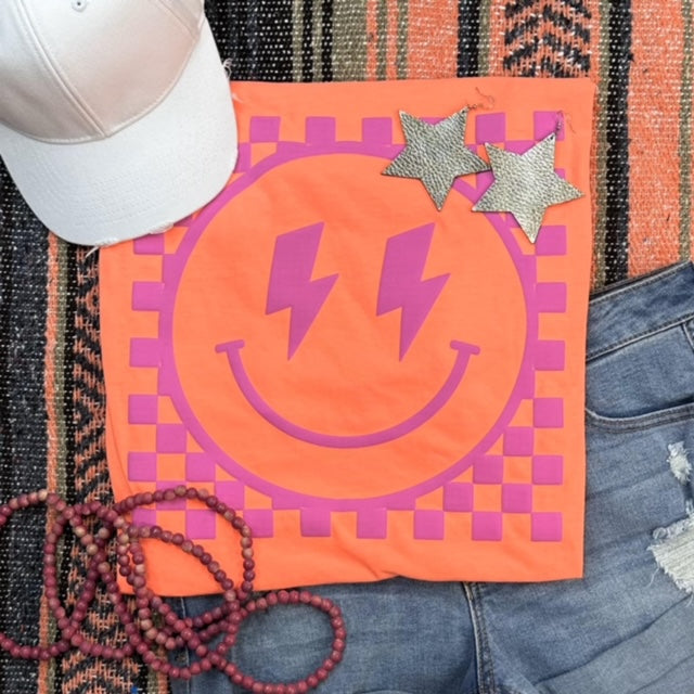 Checkered Bolt Happy Face Puff Tee