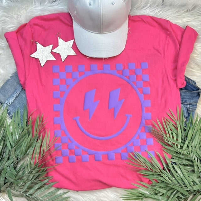 Checkered Bolt Happy Face Puff Tee