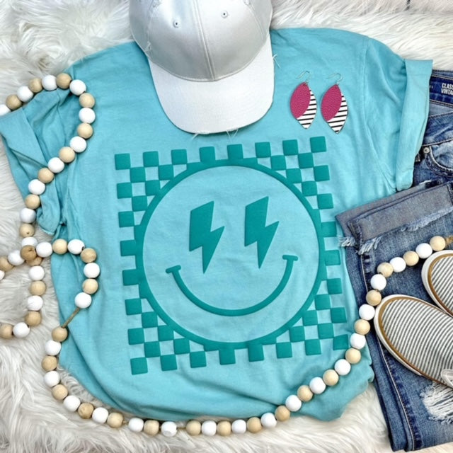 Checkered Bolt Happy Face Puff Tee