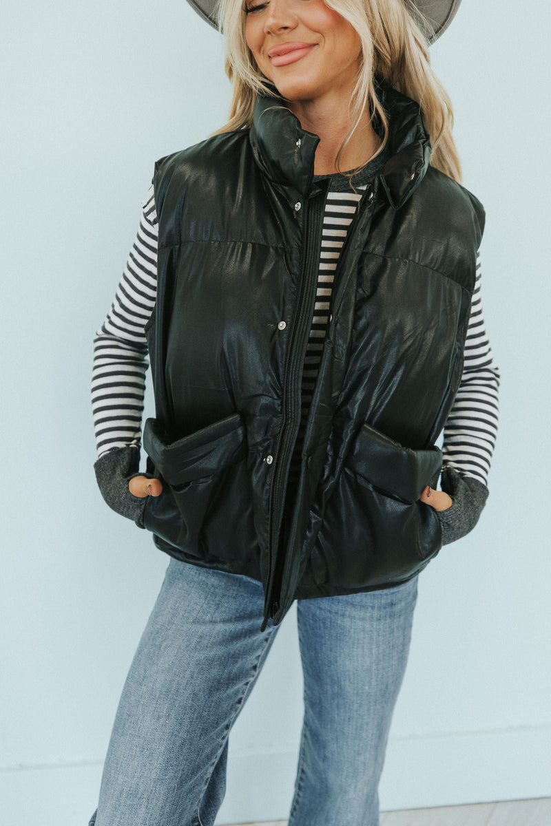 Creating Memories Faux Leather Puff Vest - Black