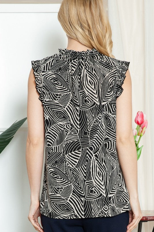 Plus Geometric Sleeveless Ruffle Pleated Top
