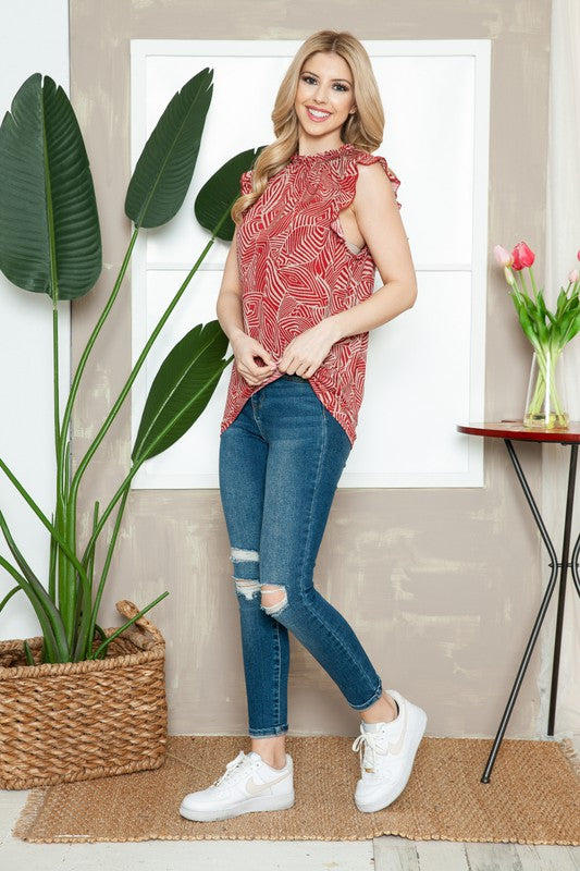 Geometric Sleeveless Ruffle Pleated Top