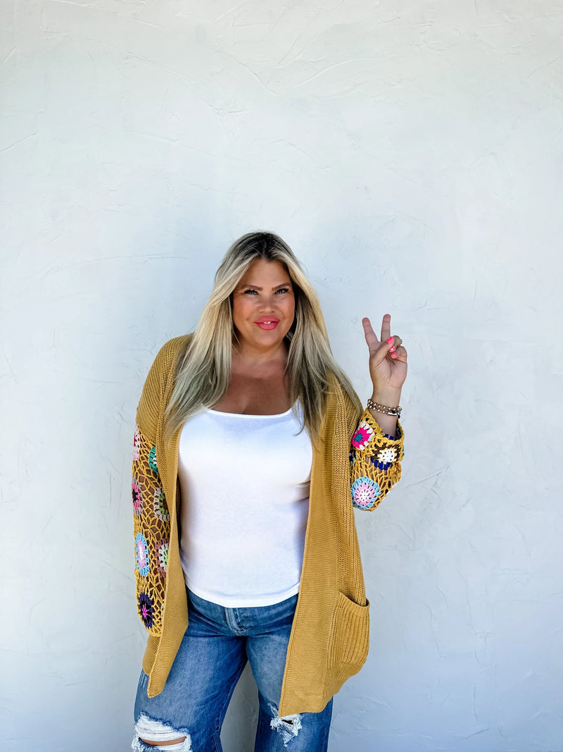 Crochet Sleeve Cardigan- Mustard