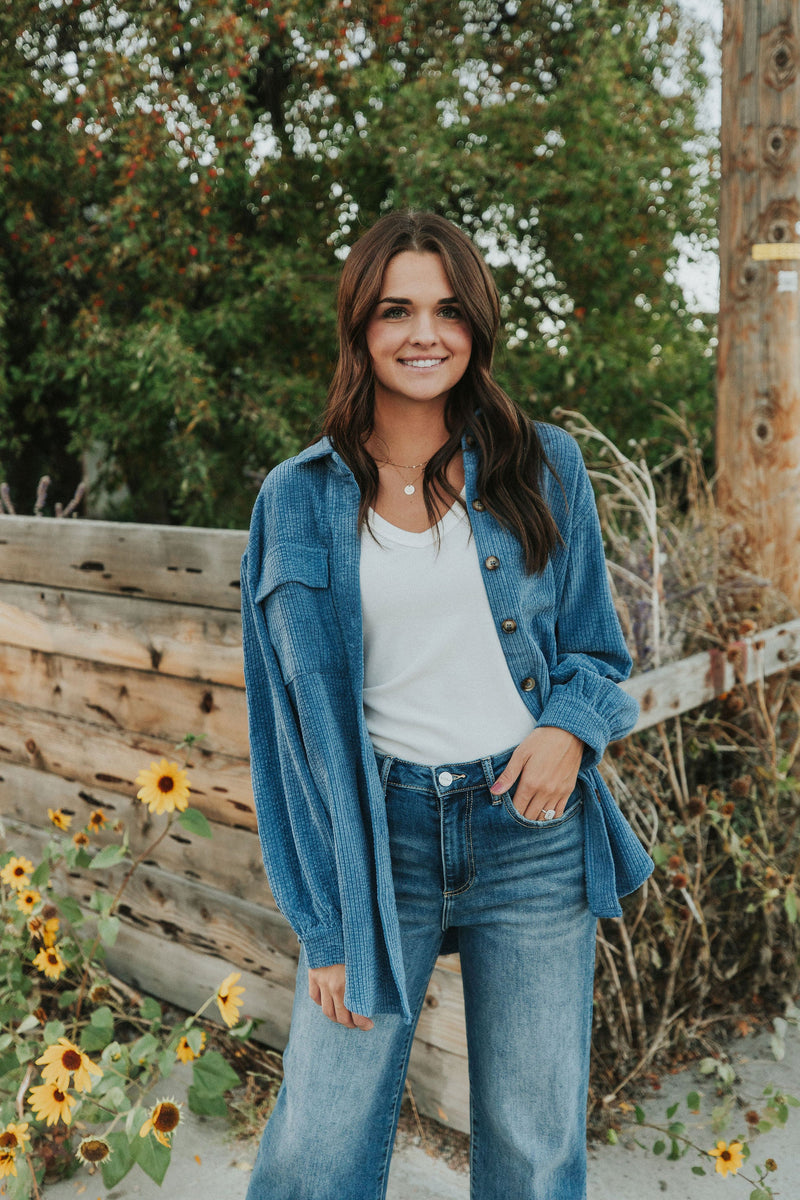 Can't Miss It Corduroy Shacket - Blue