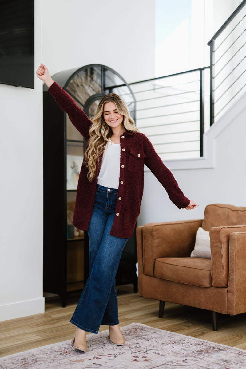 Look This Way Sherpa Shacket - Merlot