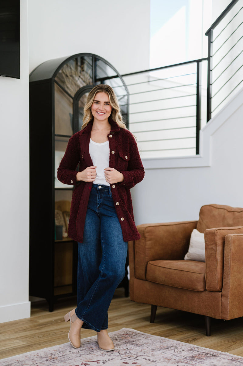 Look This Way Sherpa Shacket - Merlot