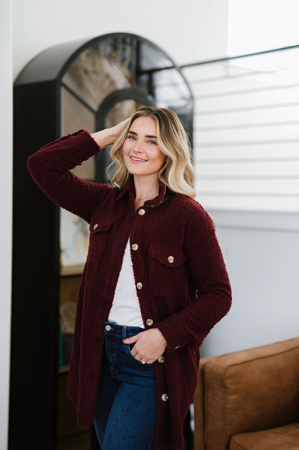 Look This Way Sherpa Shacket - Merlot