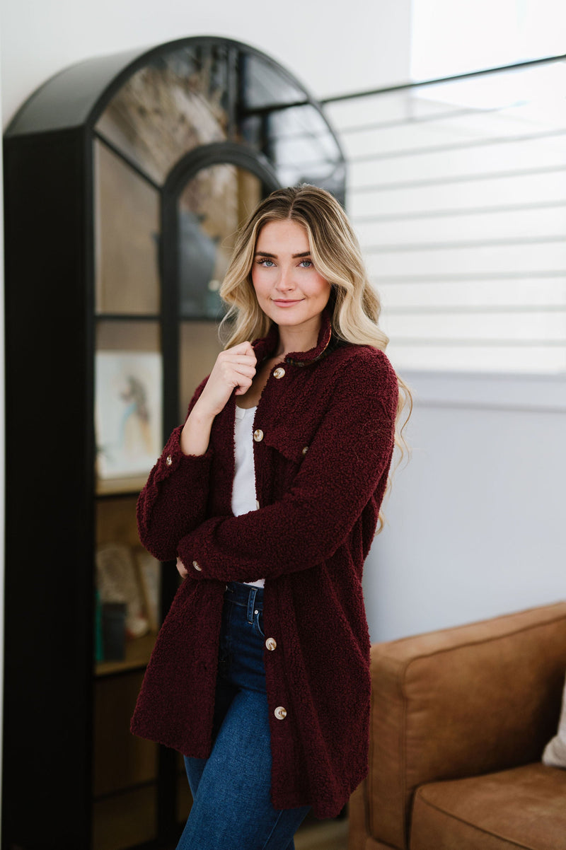 Look This Way Sherpa Shacket - Merlot
