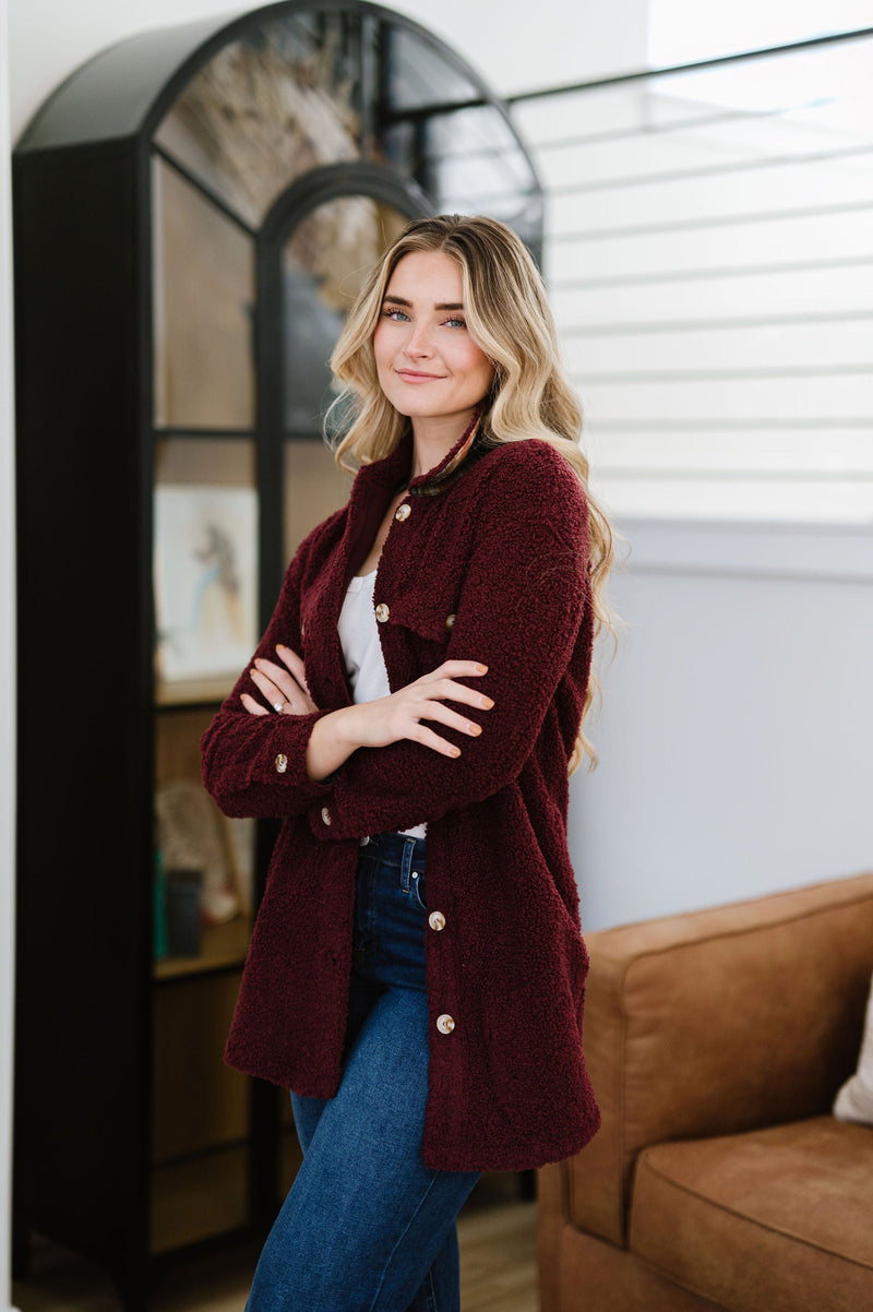 Look This Way Sherpa Shacket - Merlot