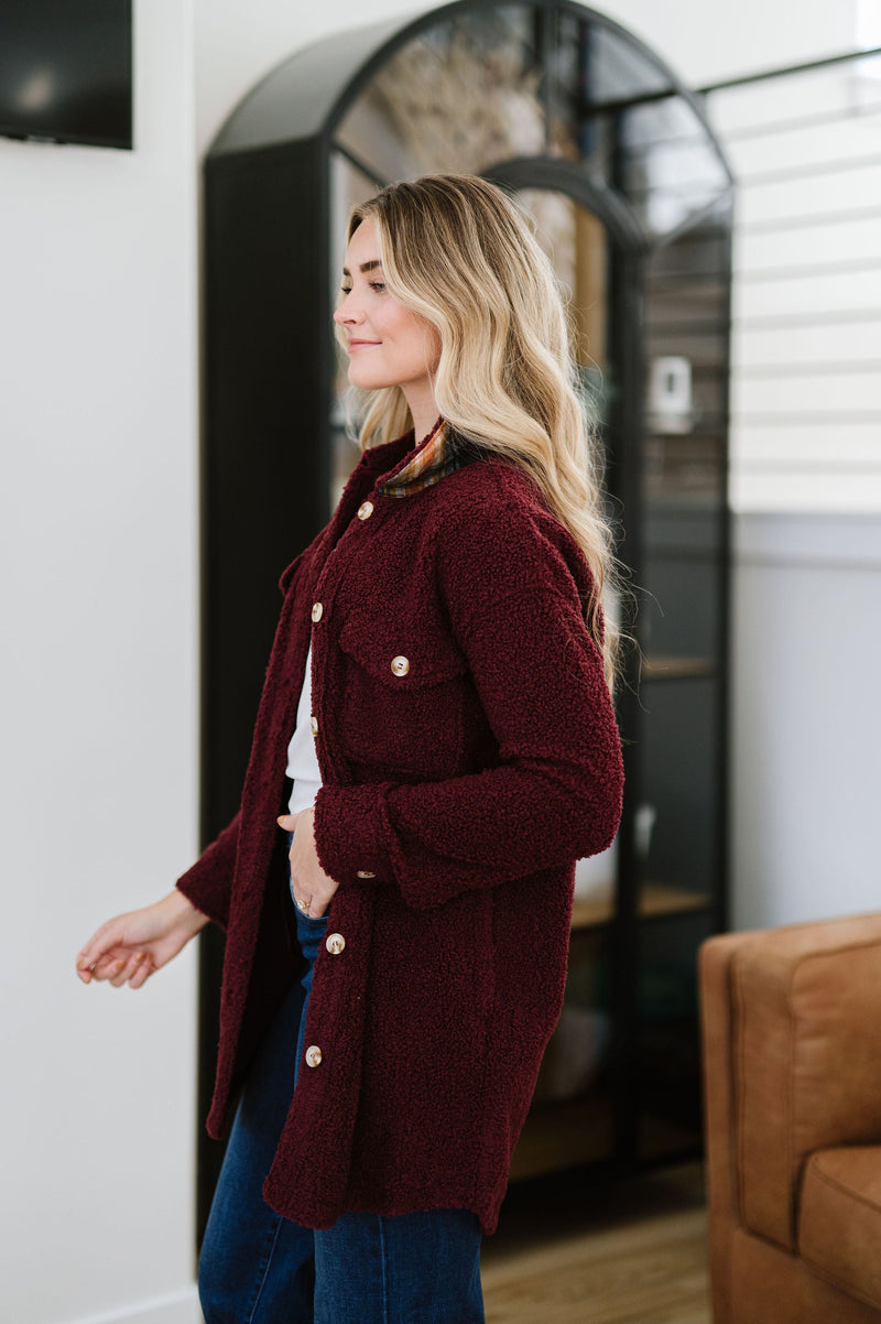 Look This Way Sherpa Shacket - Merlot