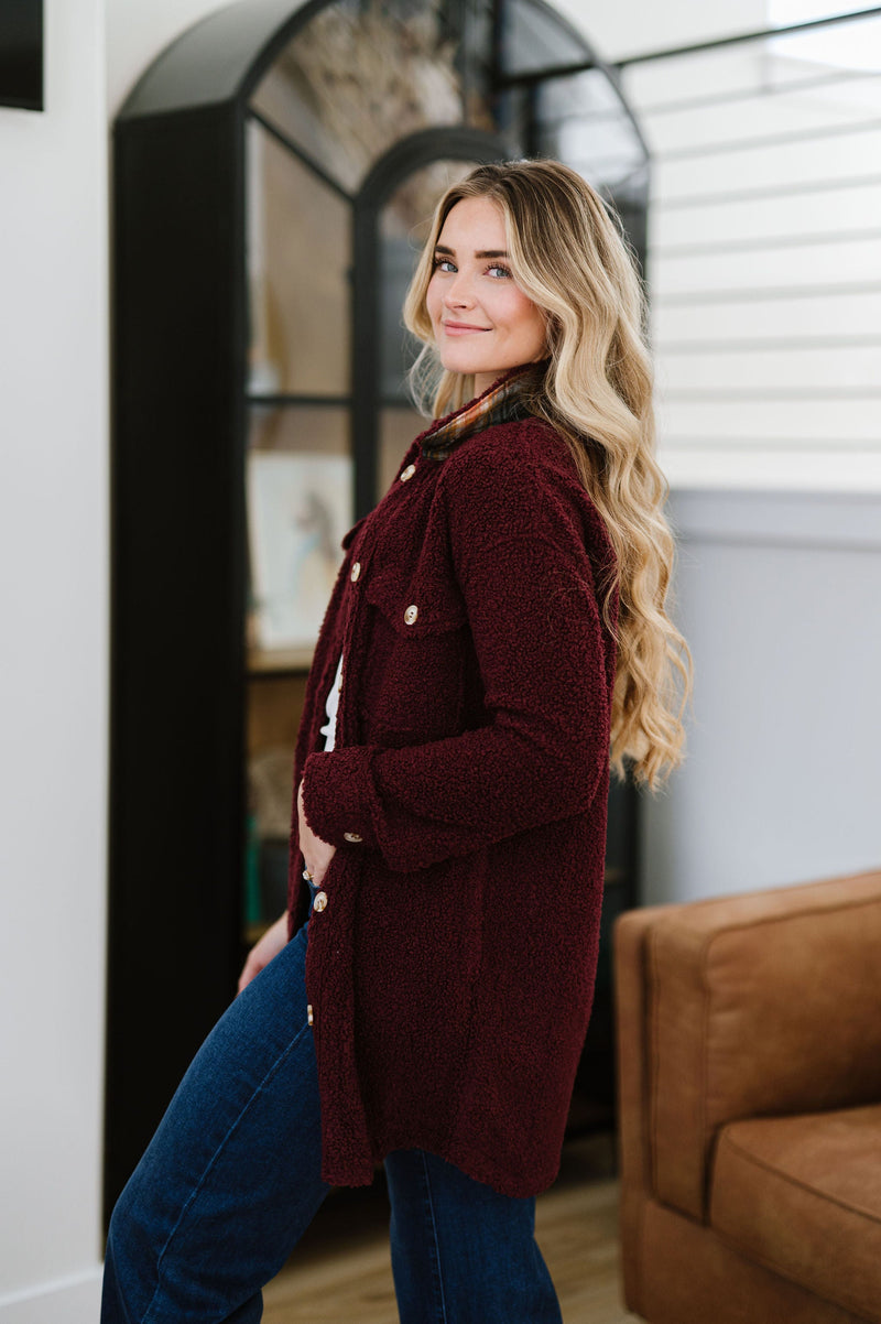 Look This Way Sherpa Shacket - Merlot