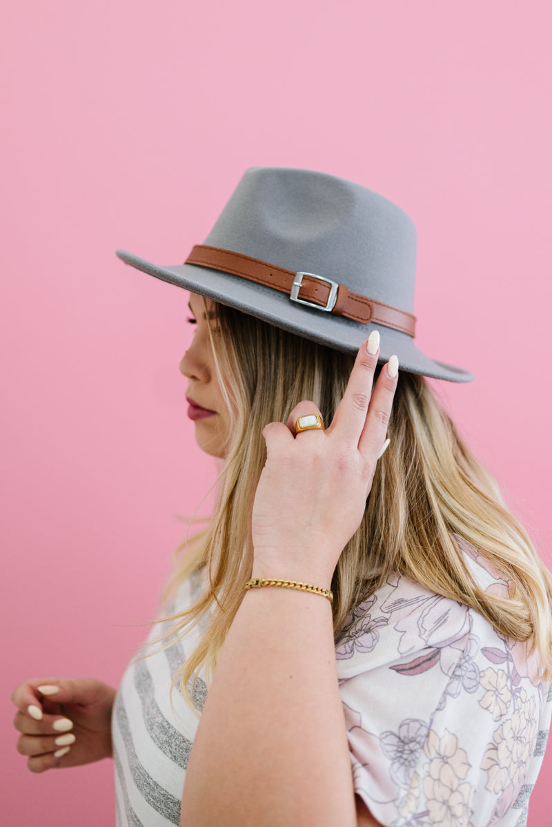 Belted Fedora Hat - Grey