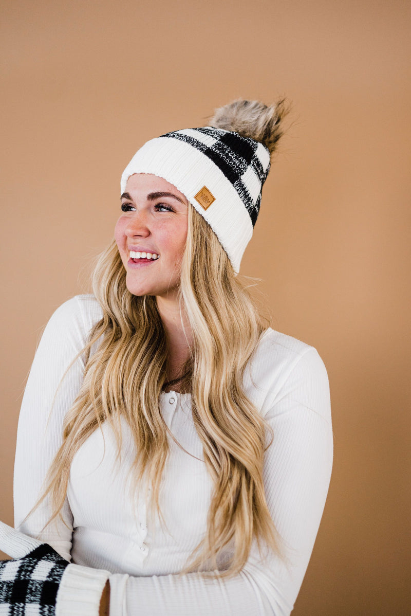 Toasty Warm Fleece Lined Hat- White & Black