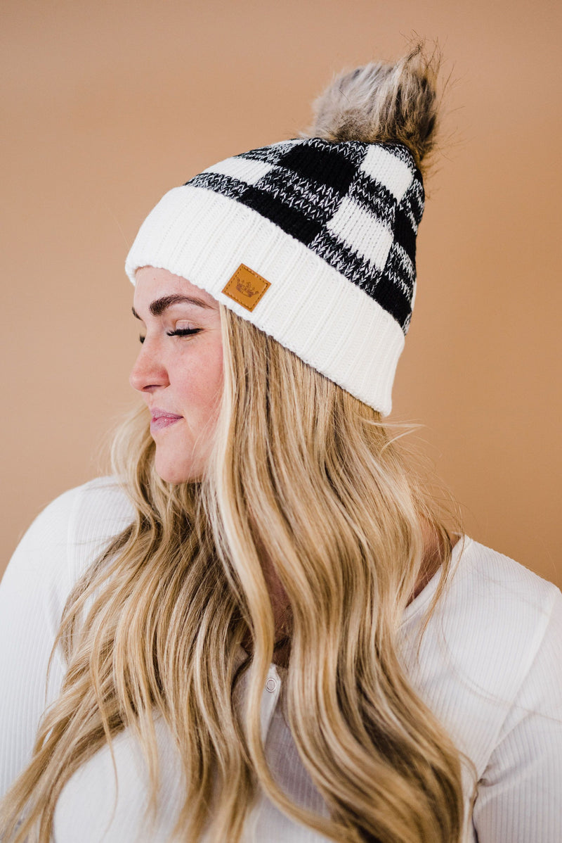Toasty Warm Fleece Lined Hat- White & Black