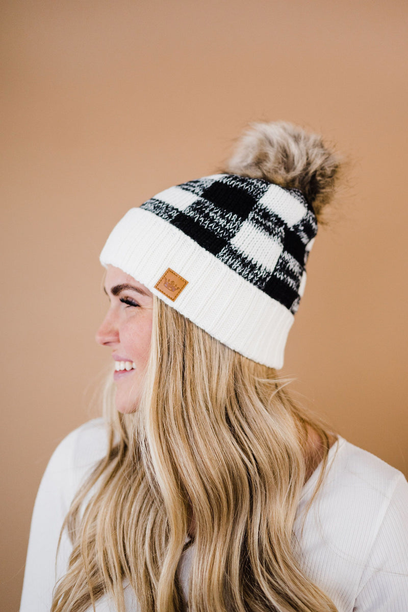 Toasty Warm Fleece Lined Hat- White & Black