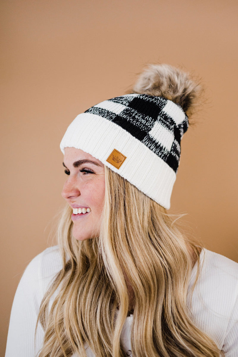 Toasty Warm Fleece Lined Hat- White & Black