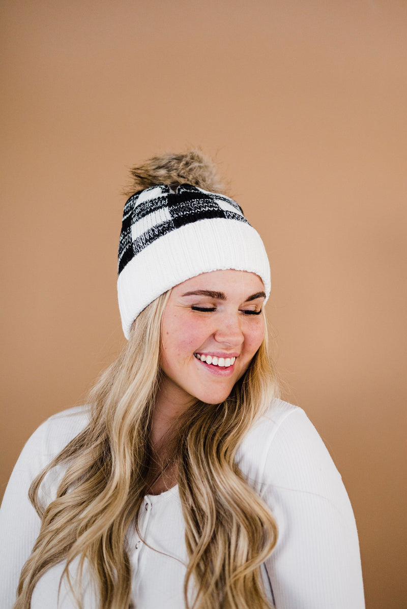 Toasty Warm Fleece Lined Hat- White & Black