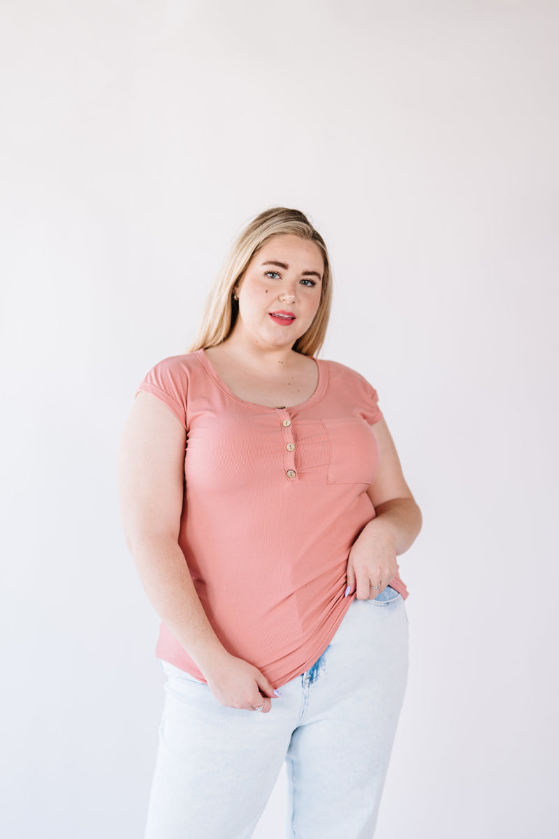 Lucy Ribbed Henley Top - Pink