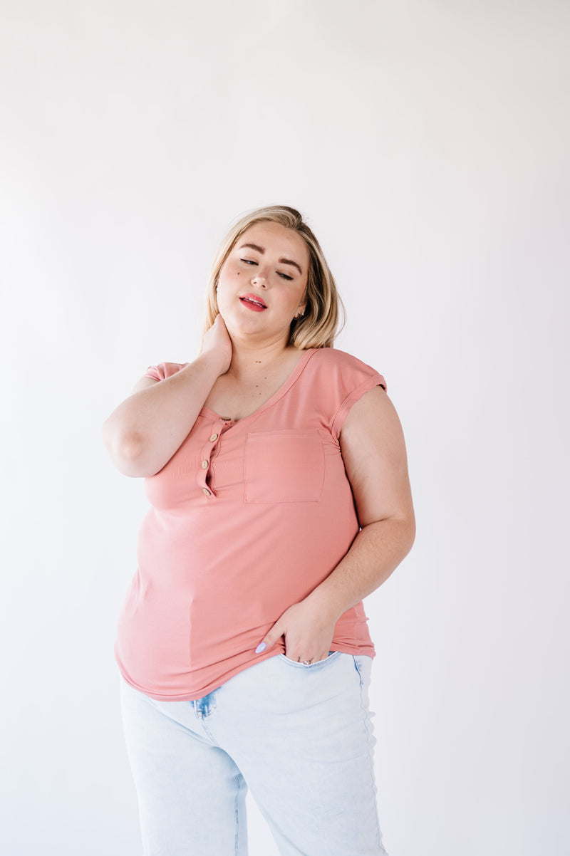Lucy Ribbed Henley Top - Pink