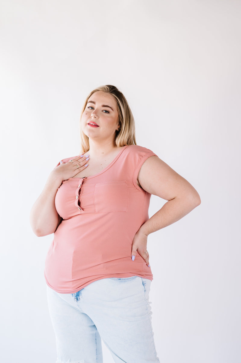 Lucy Ribbed Henley Top - Pink
