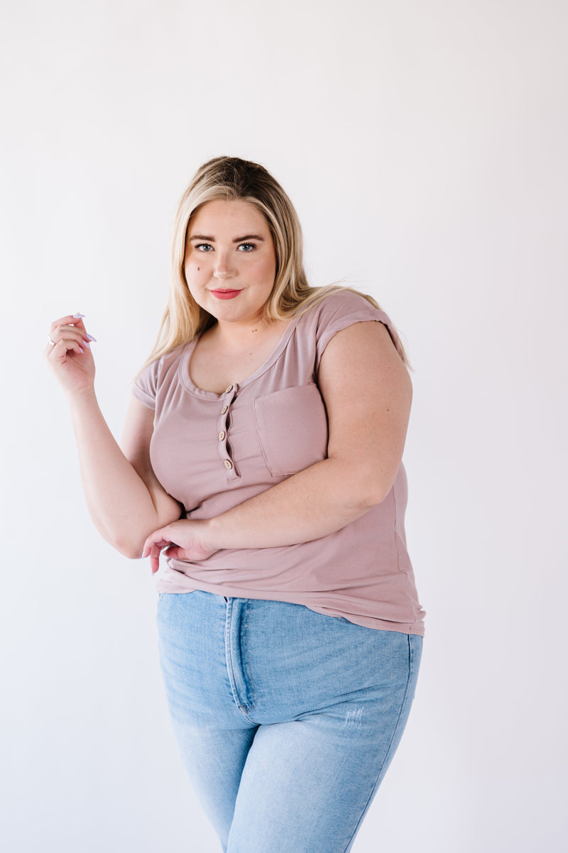 Lucy Ribbed Henley Top- Mocha