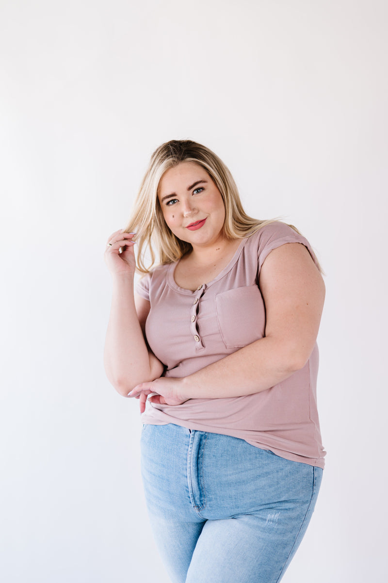 Lucy Ribbed Henley Top- Mocha