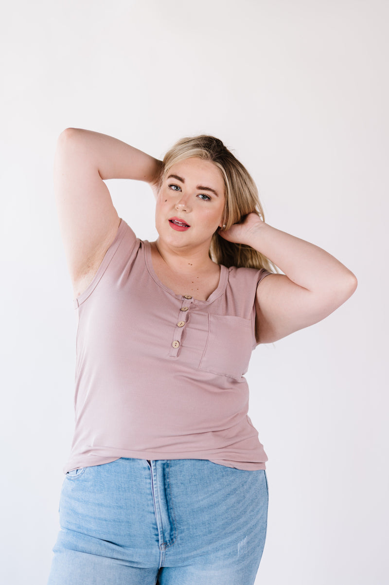 Lucy Ribbed Henley Top- Mocha