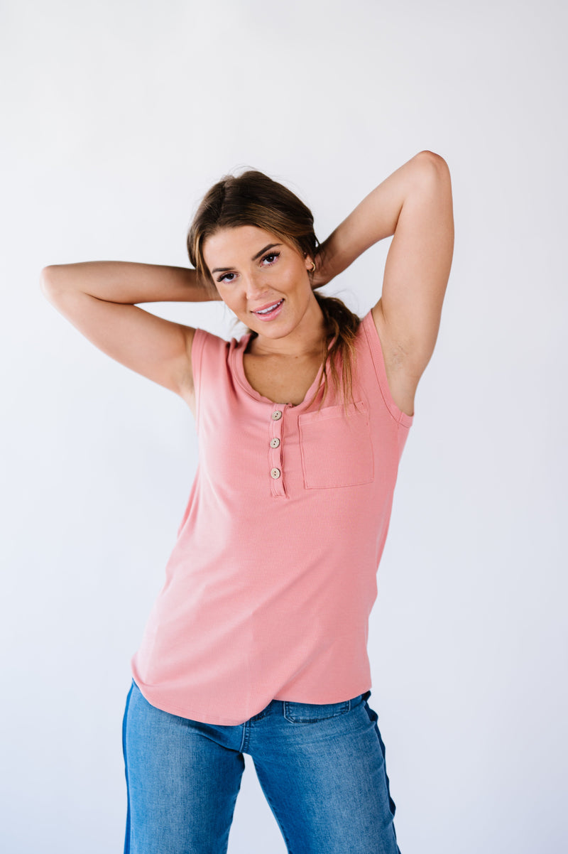 Lucy Ribbed Henley Top - Pink