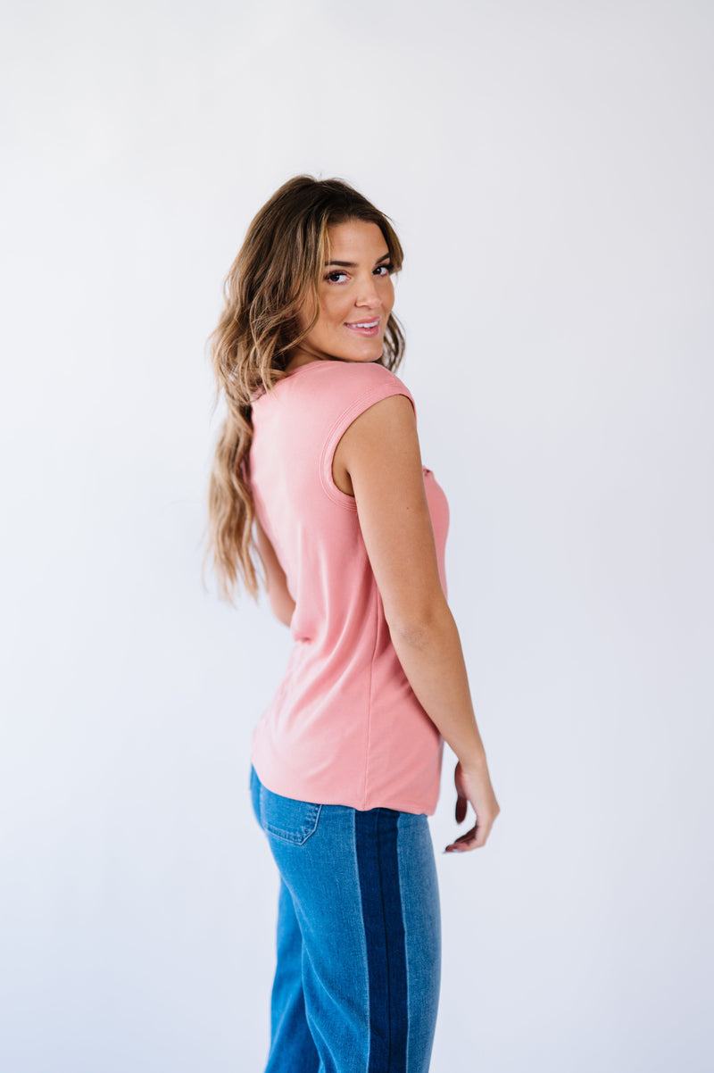Lucy Ribbed Henley Top - Pink