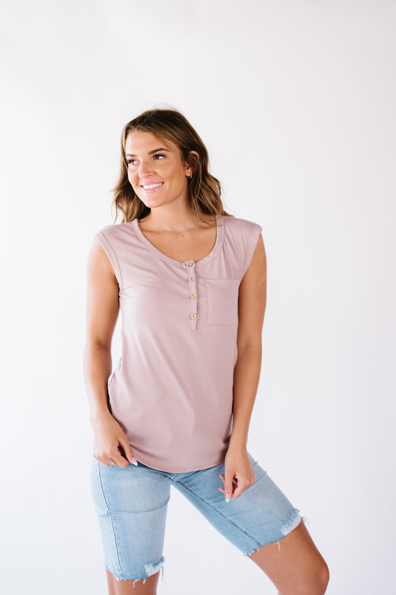 Lucy Ribbed Henley Top- Mocha