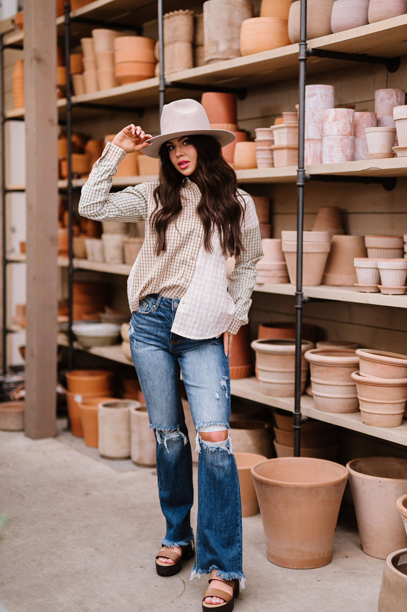 Running Out The Door Mixed Check Top