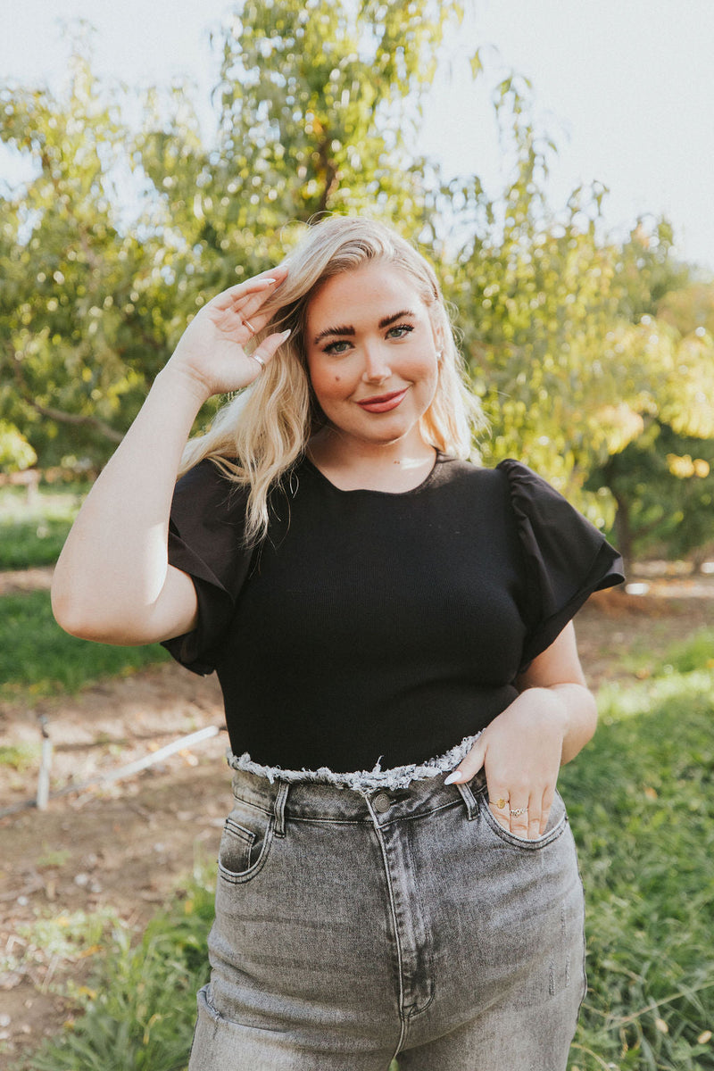 Reach Out Ruffle Sleeve Bodysuit - Black