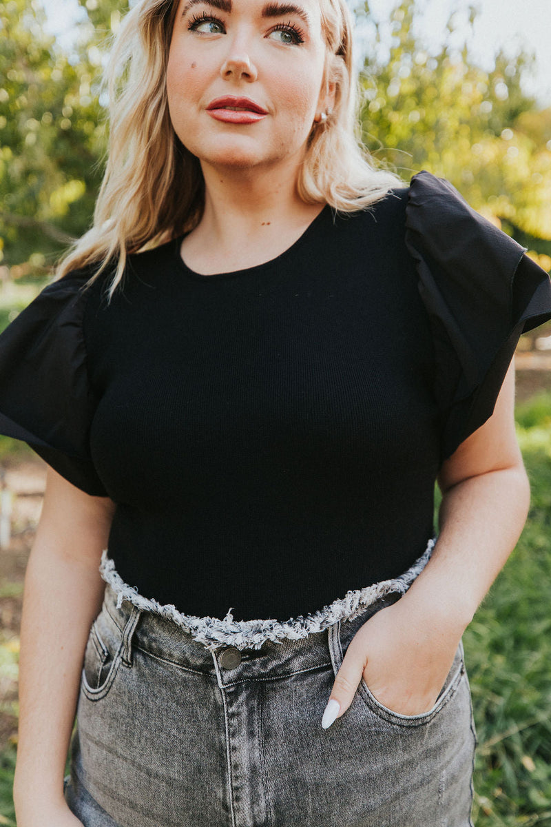 Reach Out Ruffle Sleeve Bodysuit - Black