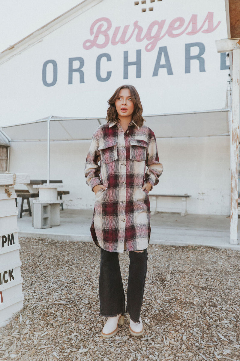 Watch You Go Plaid Coat- Burgundy