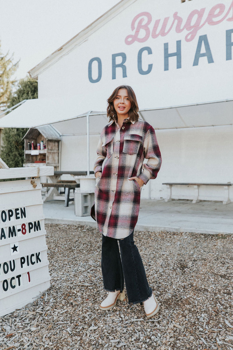 Watch You Go Plaid Coat- Burgundy