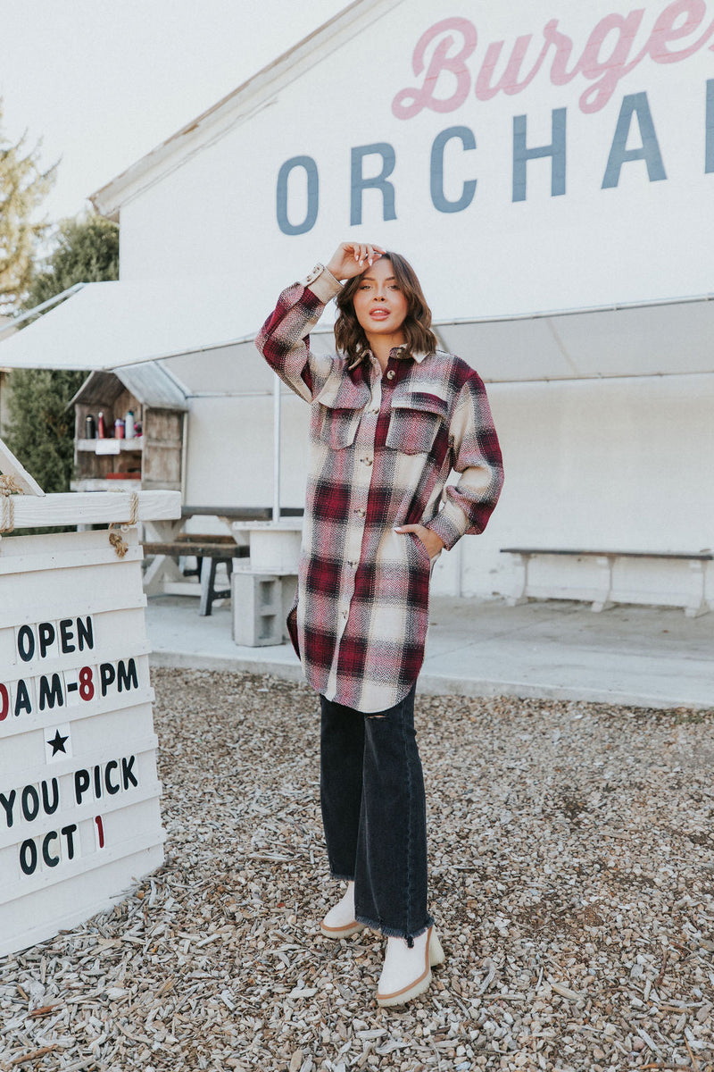 Watch You Go Plaid Coat- Burgundy