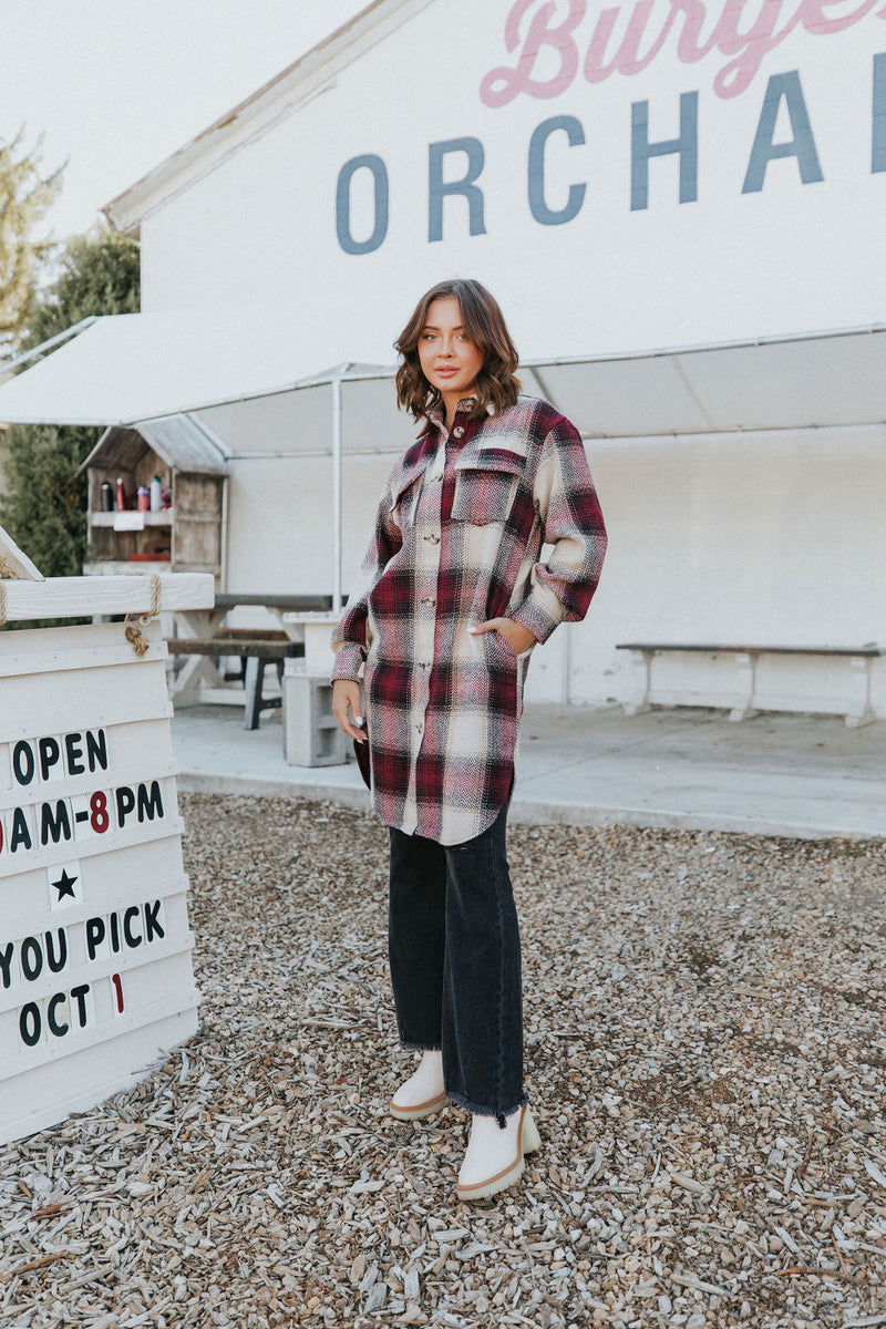 Watch You Go Plaid Coat- Burgundy