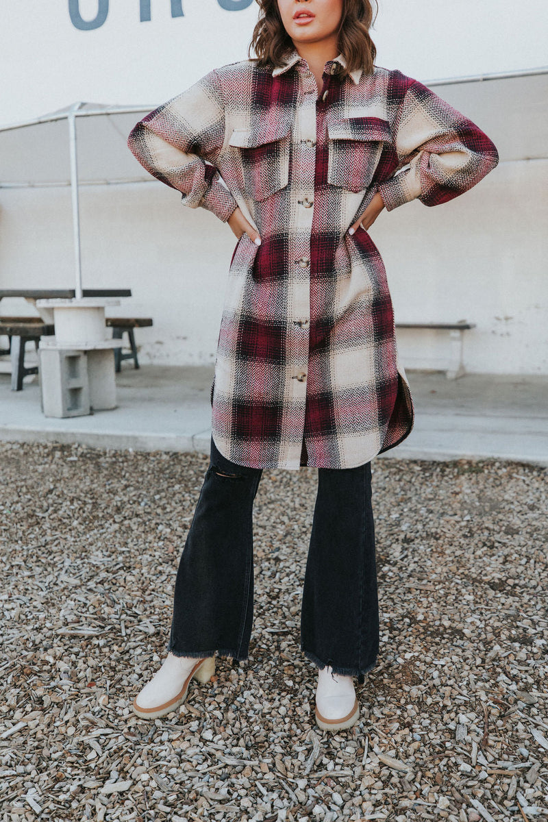 Watch You Go Plaid Coat- Burgundy