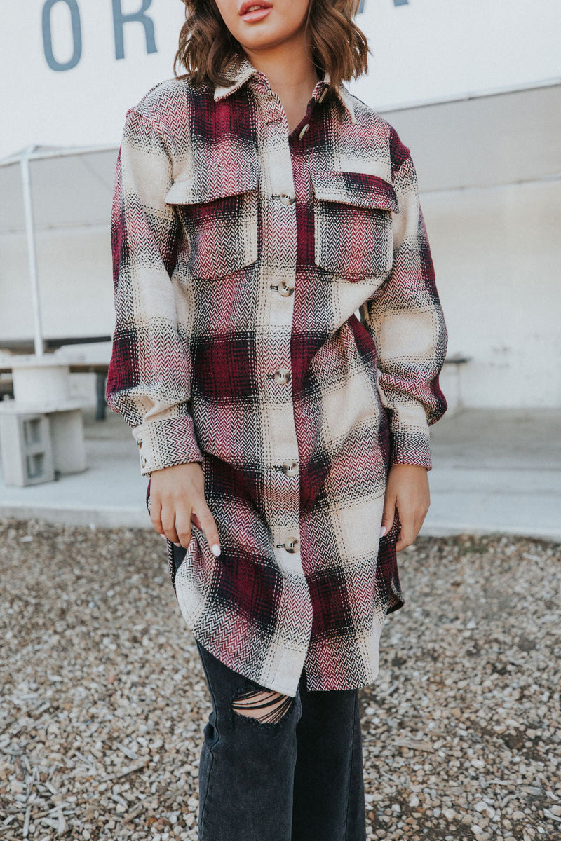 Watch You Go Plaid Coat- Burgundy