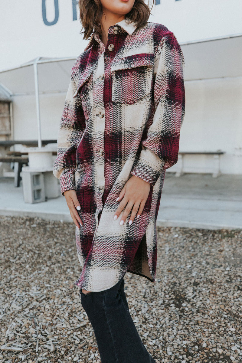 Watch You Go Plaid Coat- Burgundy