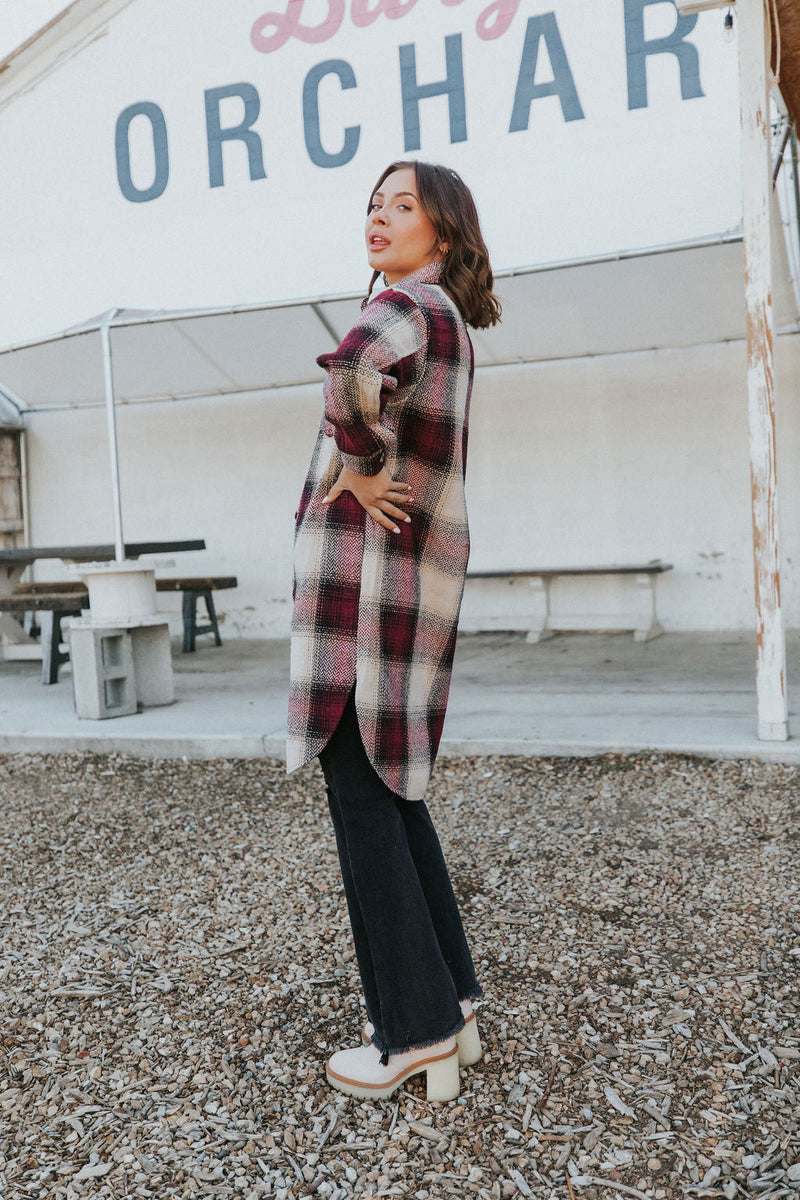 Watch You Go Plaid Coat- Burgundy