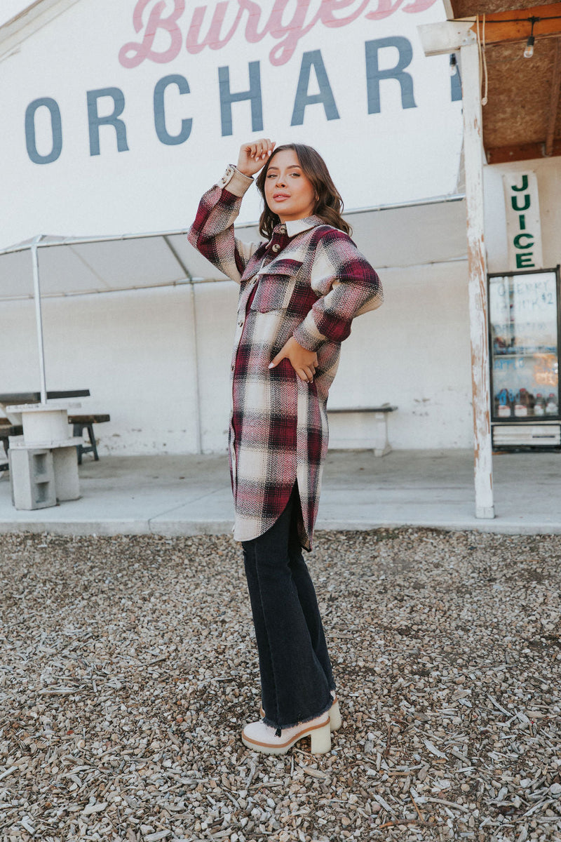 Watch You Go Plaid Coat- Burgundy