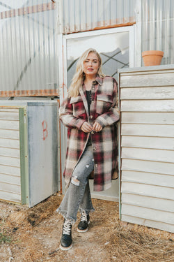 Watch You Go Plaid Coat- Burgundy