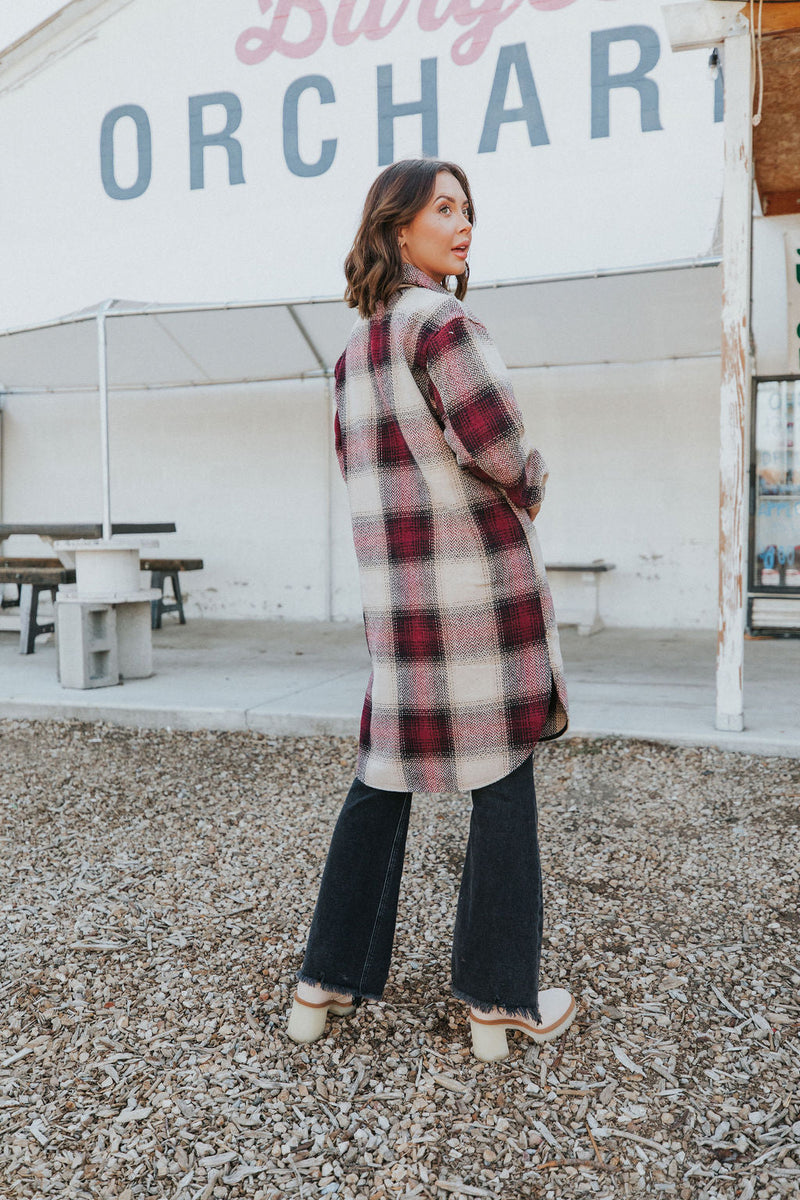 Watch You Go Plaid Coat- Burgundy