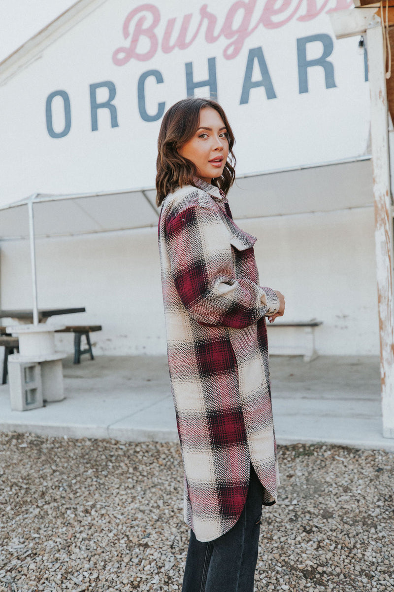 Watch You Go Plaid Coat- Burgundy