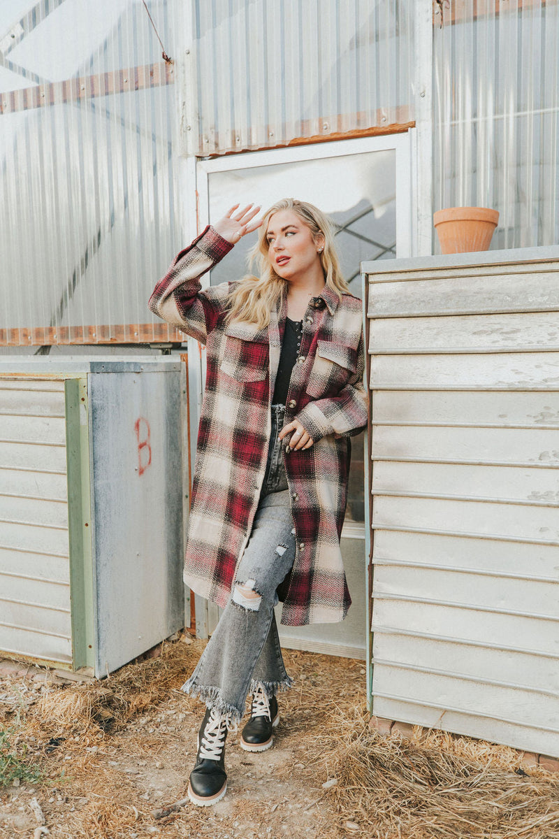 Watch You Go Plaid Coat- Burgundy